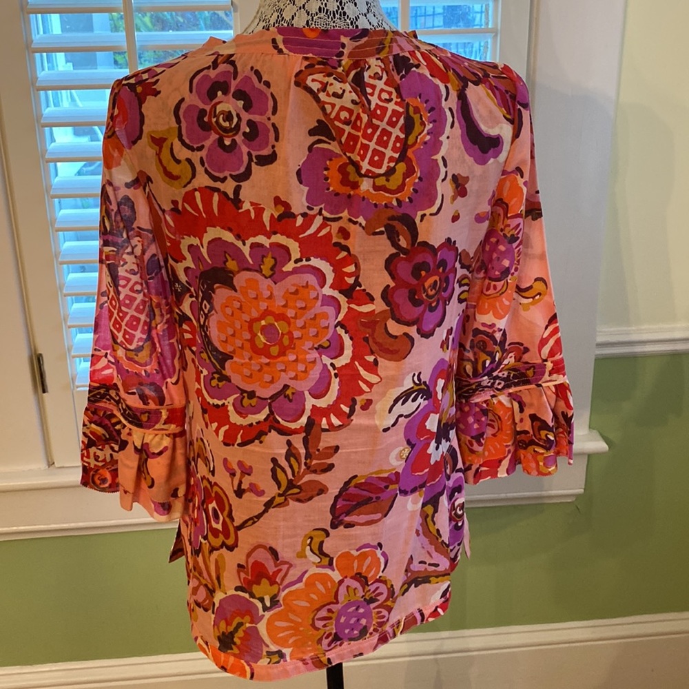 Tory Burch Cotton Voile Tunic Pink Orange Floral Drawstring Ruffle Collar Size 4 - Picture 6 of 16